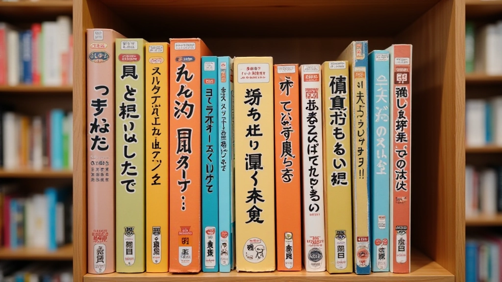 Collezione di manga e libri di anime su scaffale, con copertine colorate e spine in kanji