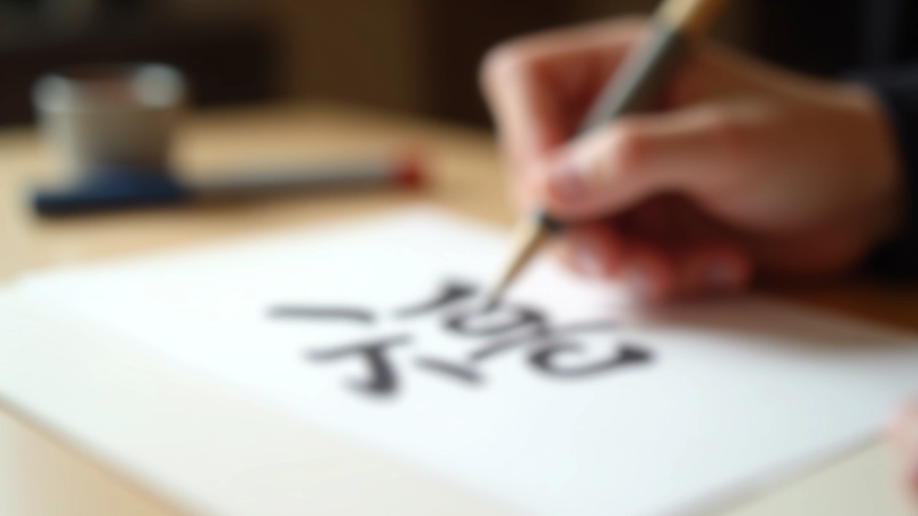 Primo piano di una mano che scrive hiragana con pennello calligrafico, inchiostro nero su carta bianca, in stile giapponese tradizionale