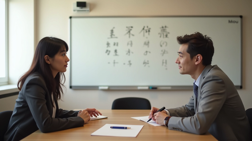 Lezione di conversazione giapponese in classe con insegnante e studenti che parlano