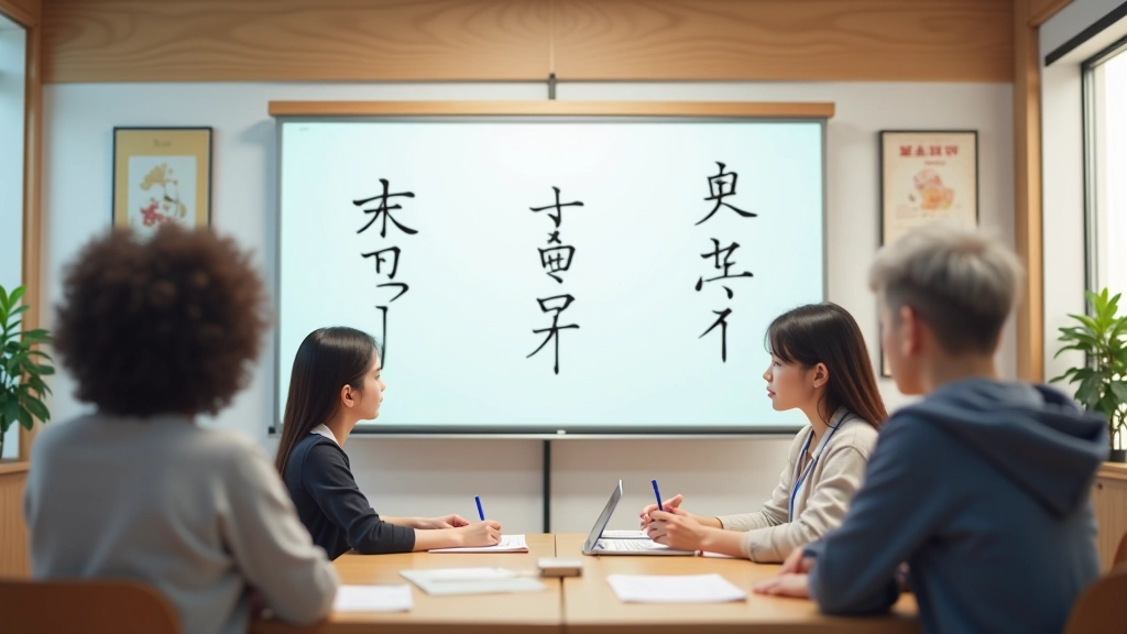 Aula moderna di lezioni di giapponese con studenti attenti durante una lezione interattiva