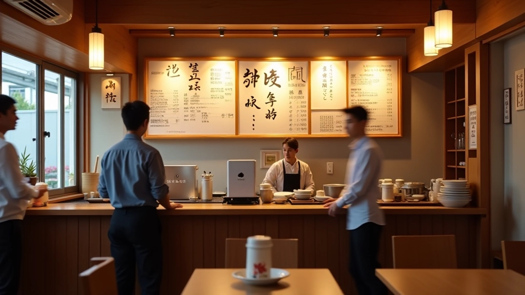 Interno di ristorante giapponese con tavoli, menu visibile e cameriere che serve acqua