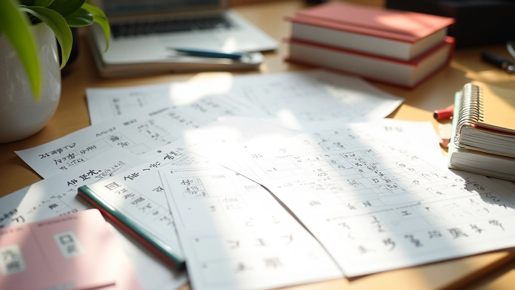 Materiale di preparazione JLPT con libri di studio e foglio con caratteri kanji