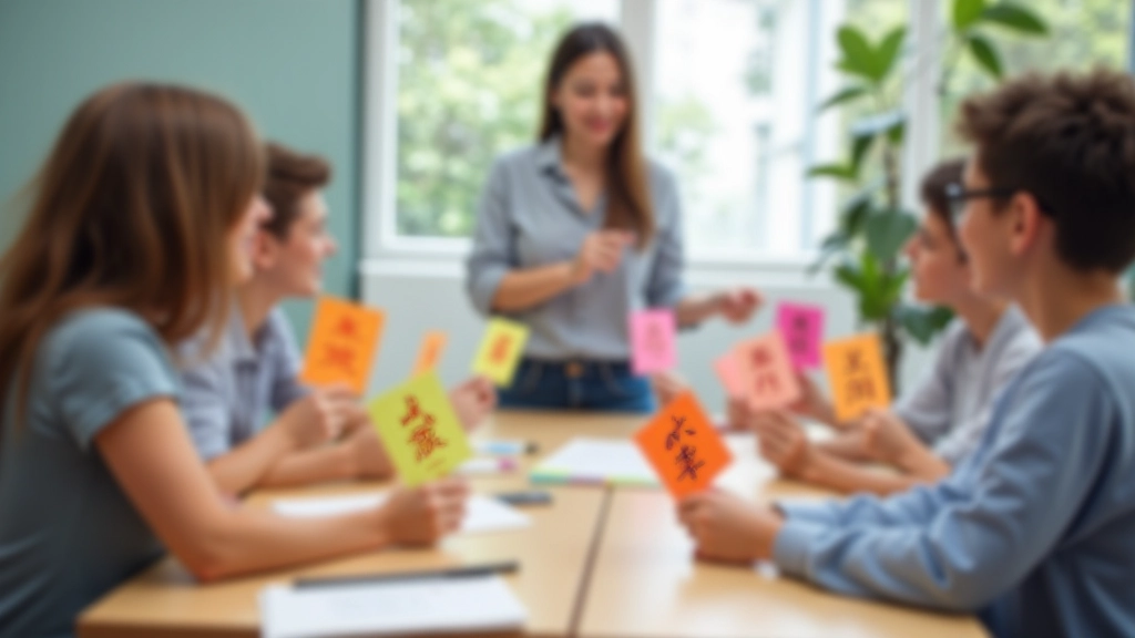 Lezione interattiva di saluti giapponesi con flash card colorate e studenti che praticano