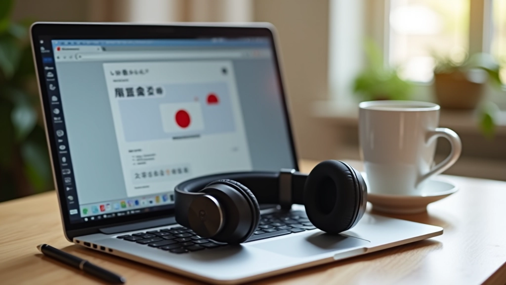 Auricolare su computer portatile con video giapponese in riproduzione sullo schermo