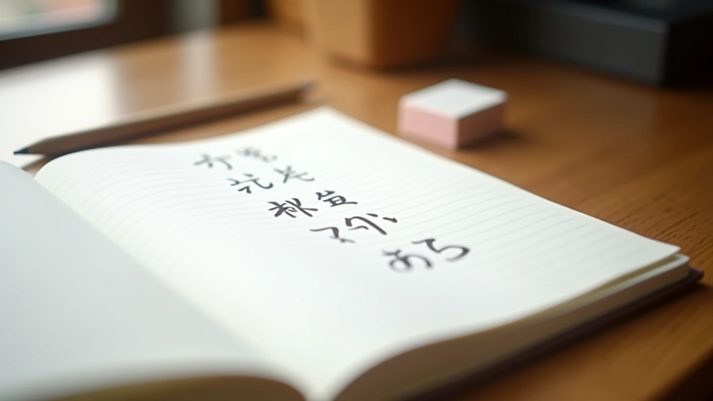 Quaderno aperto con caratteri hiragana e katakana scritti a mano su scrivania in legno