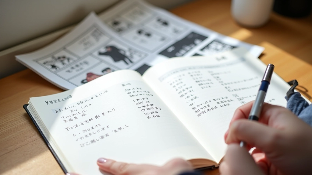 Quaderno con note di vocabolario giapponese e pannelli di manga accanto