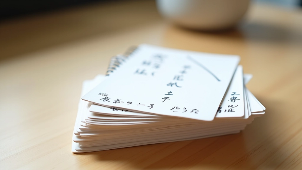 Carta flash con kanji scritto a mano su un lato e romaji sull'altro, impilate sul tavolo di studio