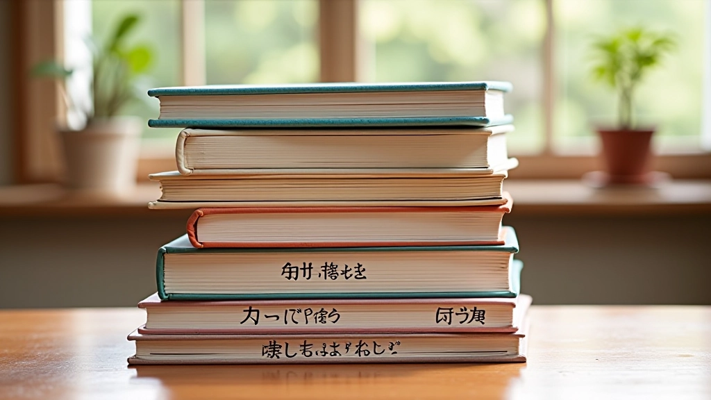 Collezione di manga impilati per livelli di difficoltà, da facile a avanzato, su tavolo di legno