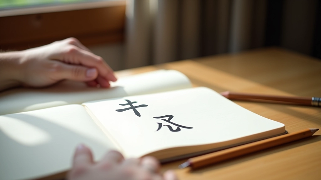 Scrivania di studio con quaderni aperti e matita su esercizi di kanji