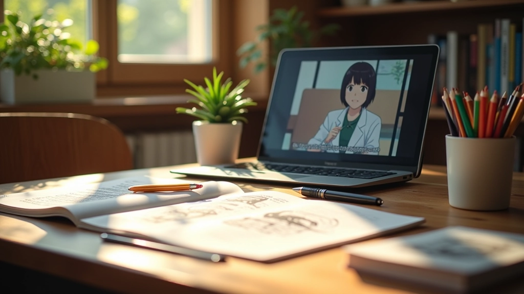 Studio con manga aperti e laptop che mostra sottotitoli giapponesi di anime