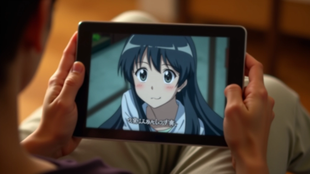 Schermo di tablet con sottotitoli giapponesi di un episodio anime con caratteri chiari