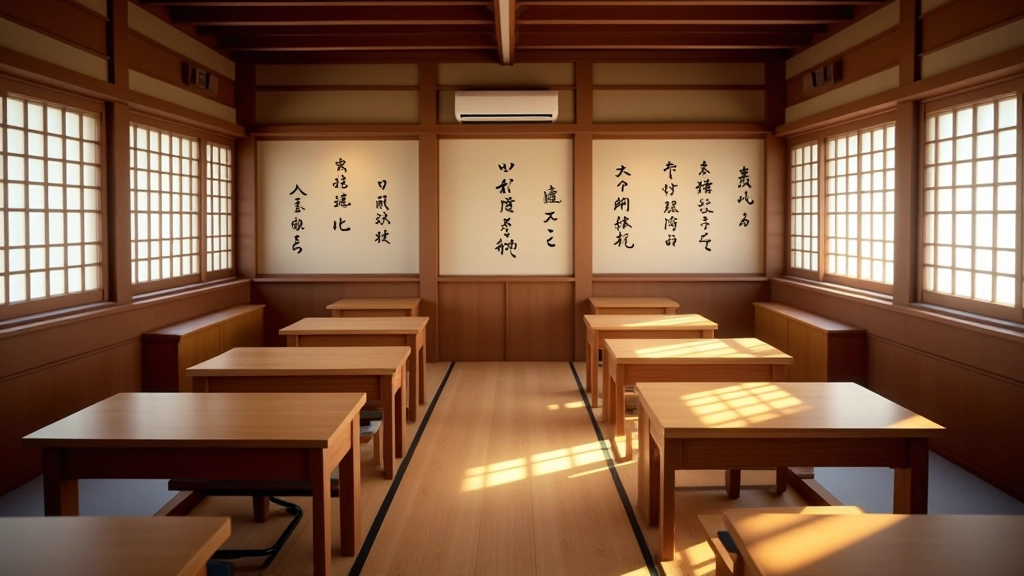 Aula tradizionale giapponese con elementi culturali, tavoli di studio e decorazioni autentiche