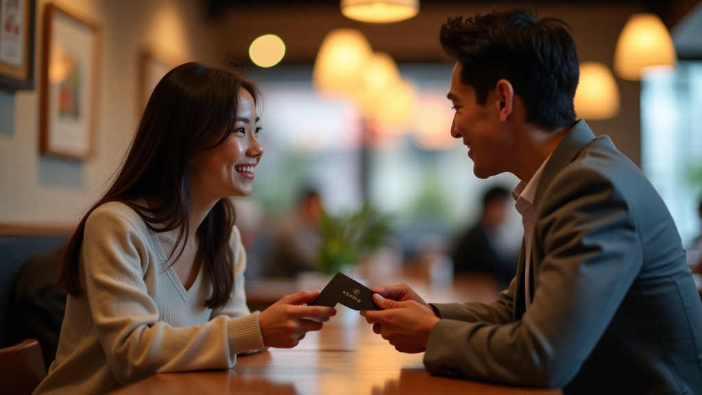 Conversazione tra due persone in caffè giapponese, scambio di biglietti da visita e sorrisi